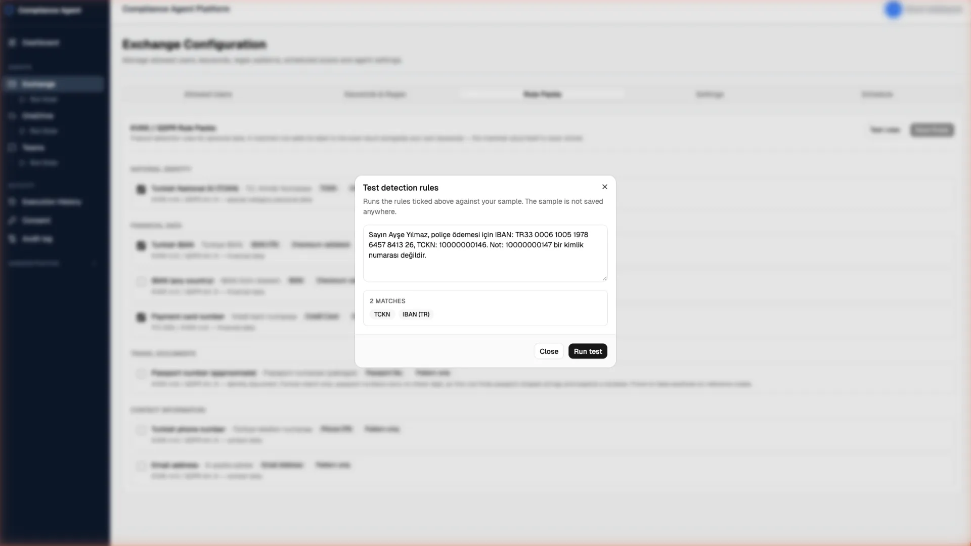 The Test detection rules dialog on the Exchange Rule Packs tab, showing sample text with a valid Turkish national ID and Turkish IBAN, and a result of two matches: TCKN and IBAN (TR). A number that fails the checksum is not matched.