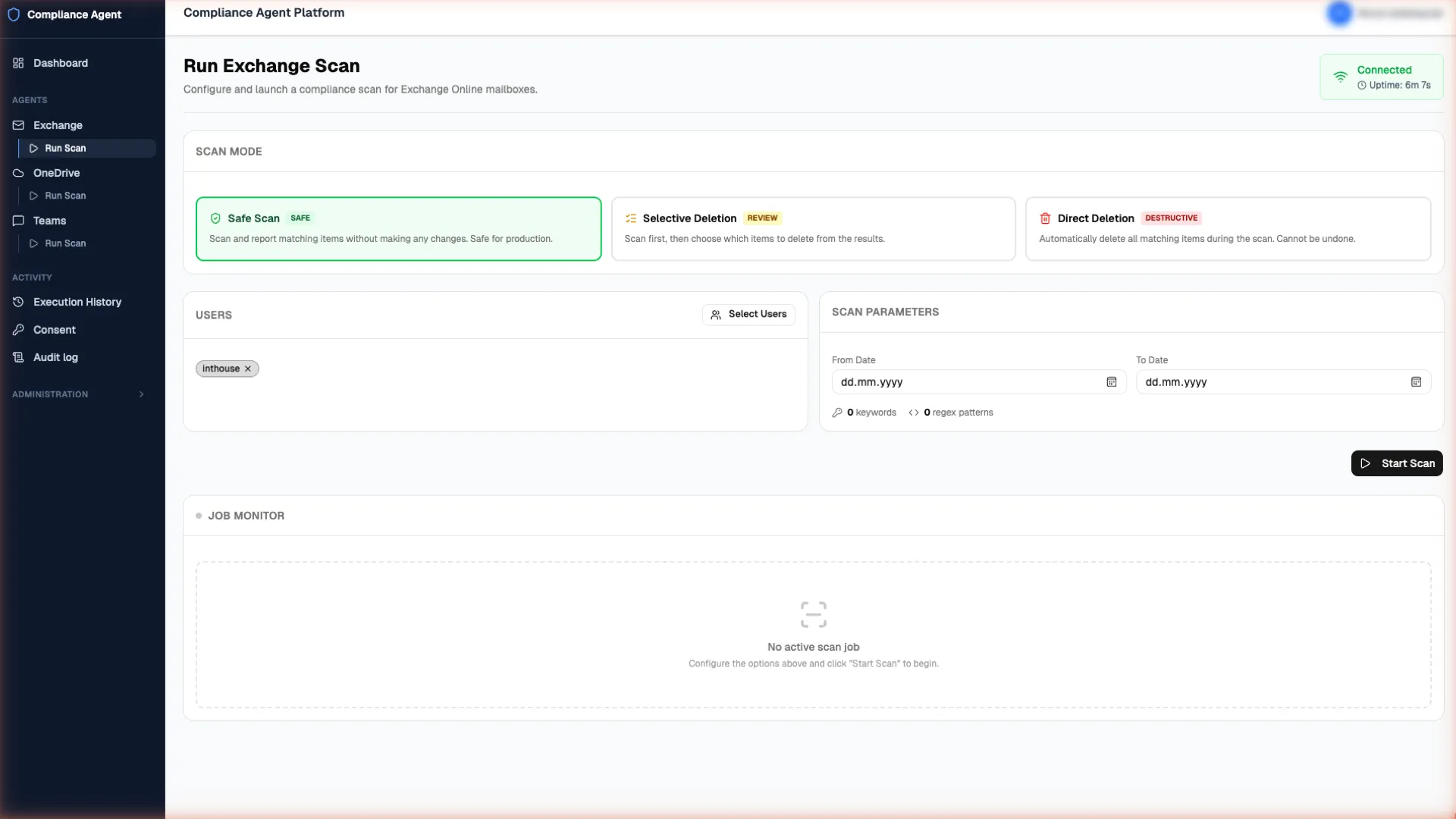 The Run Exchange Scan page with the three scan modes: Safe Scan selected, Selective Deletion and Direct Deletion. Below are the user selector and the date range.