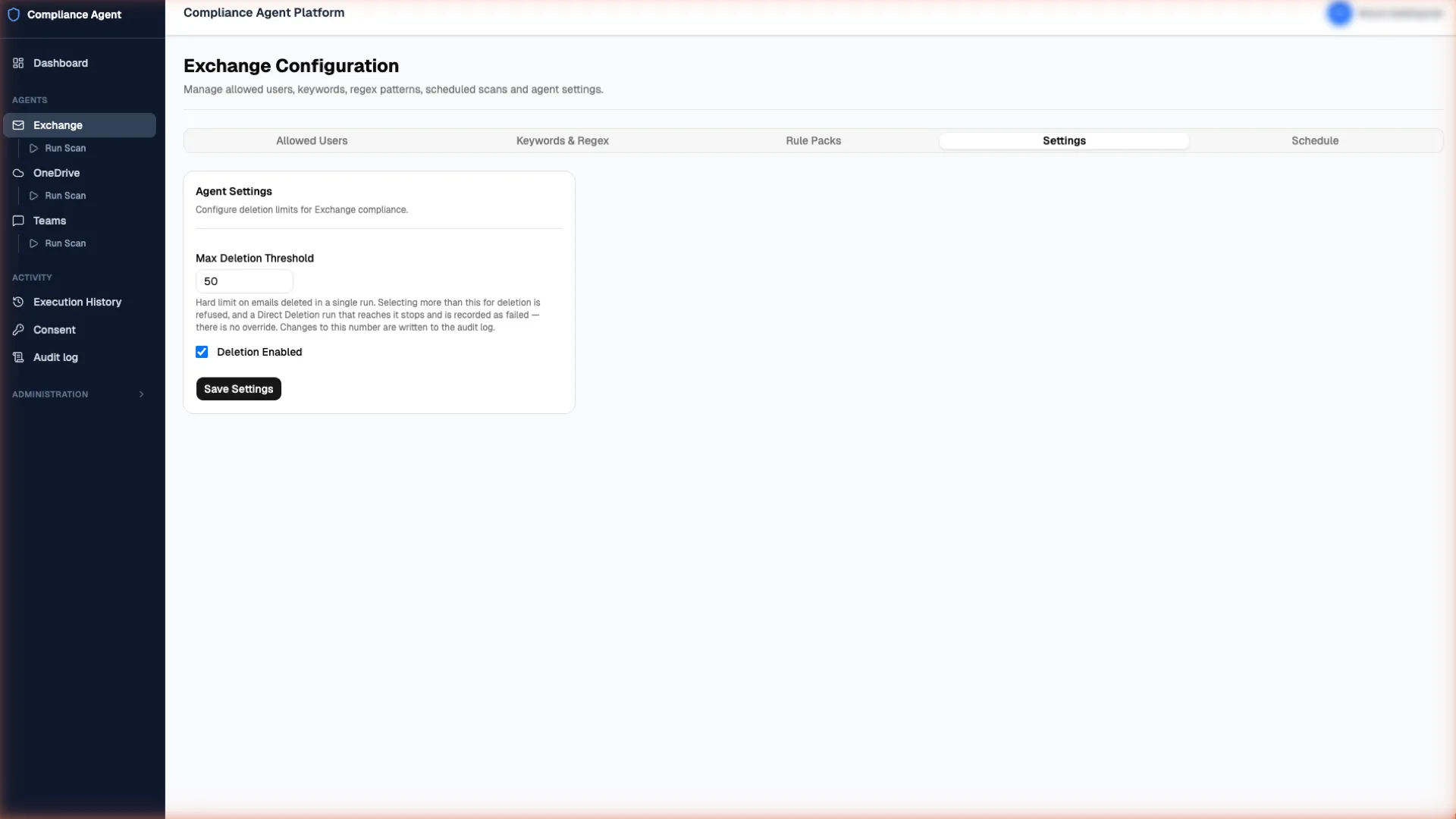 The Exchange Settings tab showing the Max Deletion Threshold field set to 50, an explanation that there is no override, and the Deletion Enabled checkbox ticked.